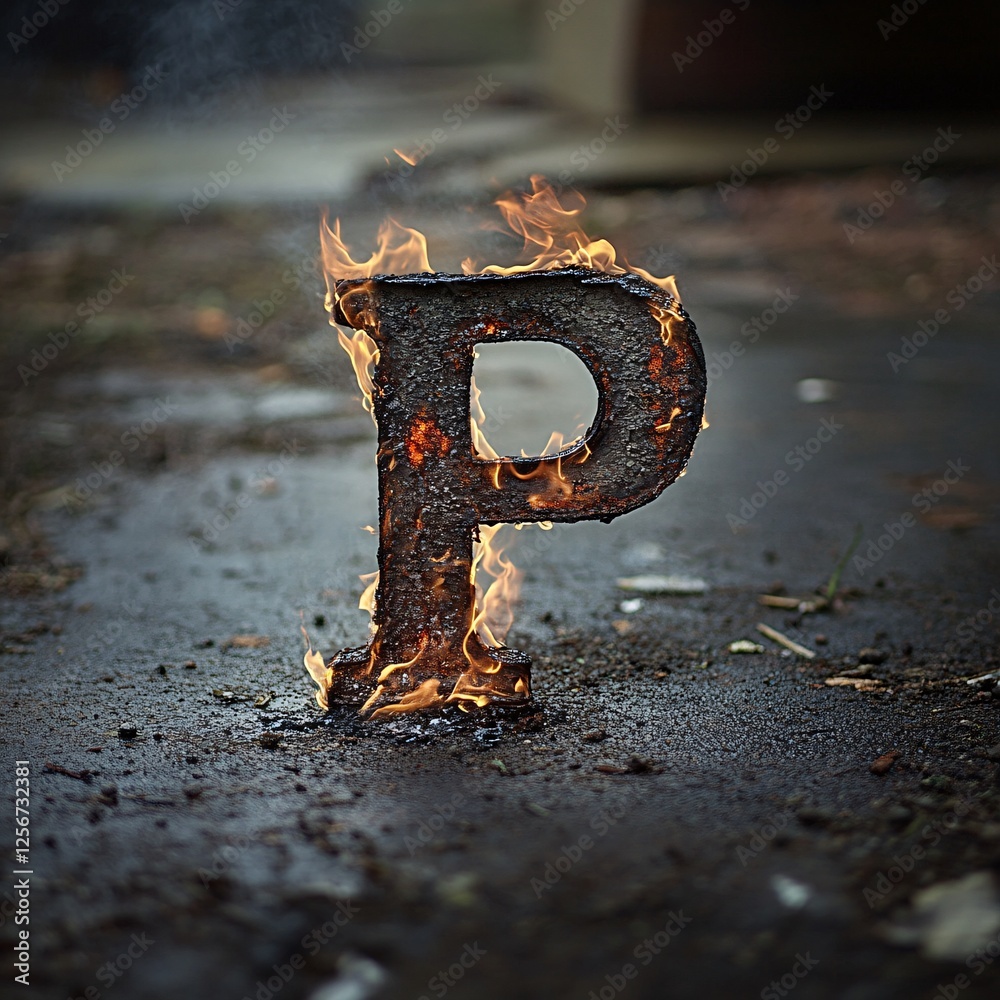 Poster the letter p is burning on a dark asphalt background, creating a powerful visual