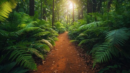 Fototapeta premium Sunlit Jungle Path Through Lush Green Foliage