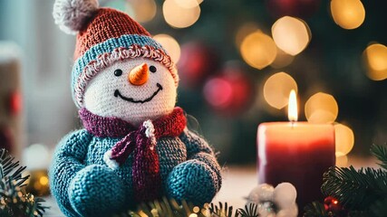 Cheerful handmade snowman decoration with festive atmosphere and glowing candle during holiday season - Powered by Adobe