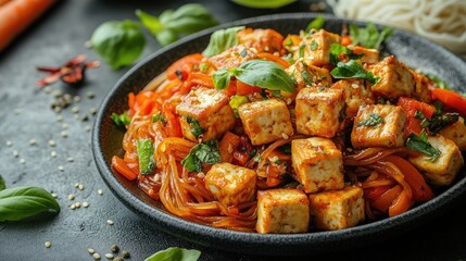 Colorful tofu stir-fry with vegetables on a black plate, garnished with fresh herbs and spices