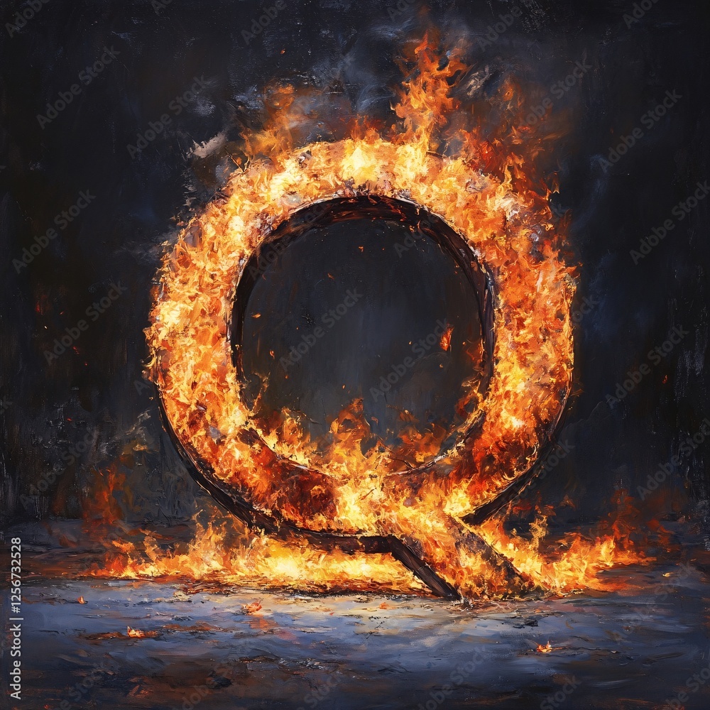 Aufkleber intense letter q engulfed in flames against a dark backdrop, creating a powerful and dramatic image
