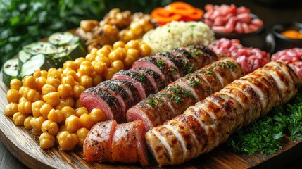 Colorful platter of grilled meats, chickpeas, and vegetables arranged beautifully for a feast