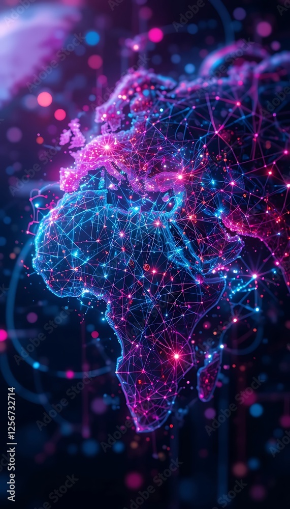 Poster connected world map with glowing network lines and points design