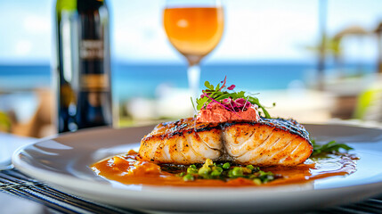 Grilled salmon fillet plated gourmet dish fine dining seafood presentation fresh herbs sauce wine pairing luxury tropical beachside restaurant photography meal rich flavor feast fish menu fancy resort