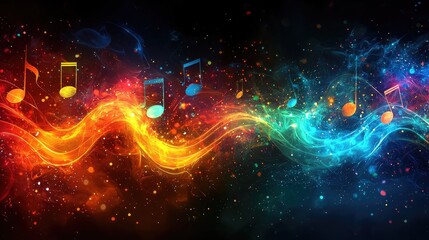 Colorful musical notes flowing through a vibrant abstract background with swirling light effects