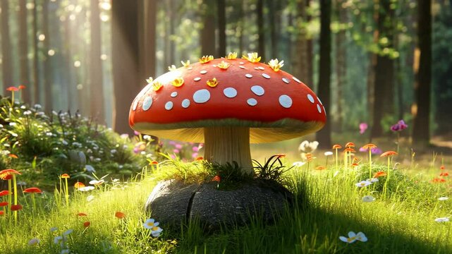 Bright red mushroom with white spots surrounded by colorful flowers in a sunlit forest glen
