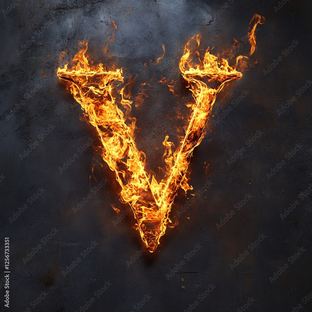 Aufkleber flaming letter v against a dark grunge backdrop, ideal for adding a fiery element to any project