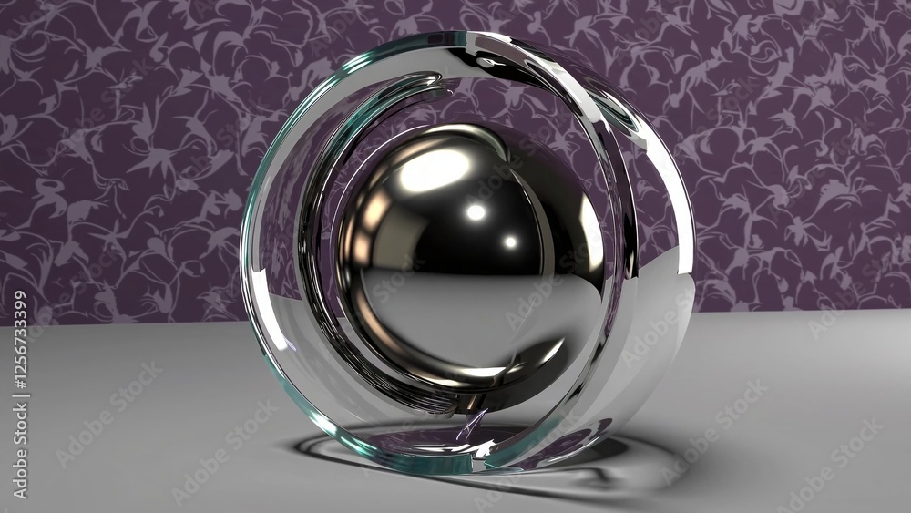 Wall mural chrome sphere rotating inside two glass spheres on a floral background, creating an abstract and mod