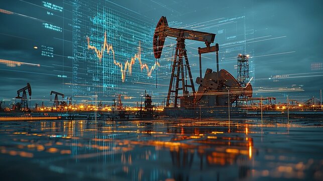 Oil pump jack against a dramatic sky, illuminated by city lights and digital data overlays