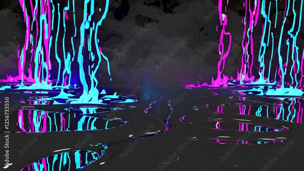 Poster colorful neon fluids are dripping onto a reflective surface, creating a vibrant and dynamic scene wi