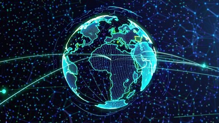 Obraz premium Planet earth is rotating in space with futuristic digital lines orbiting and connecting continents, representing global communication and technology