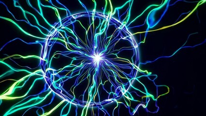 Glowing blue and green plasma streamers emanate from a bright center, contained within a circular frame, against a black background, creating a visually stunning display of energy and light