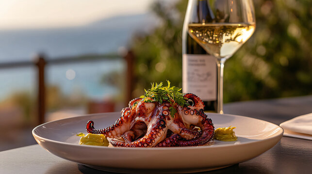 Grilled octopus gourmet dish fine dining seafood delicacy Mediterranean cuisine food photography plating ocean flavors wine pairing restaurant culinary artistry menu meal rich smoky fresh fancy creamy - Powered by Adobe