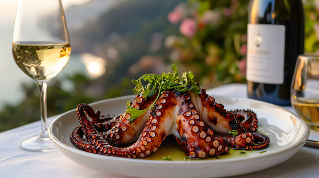 Grilled octopus gourmet dish fine dining seafood delicacy Mediterranean cuisine food photography plating ocean flavors wine pairing restaurant culinary artistry menu meal rich smoky fresh fancy creamy