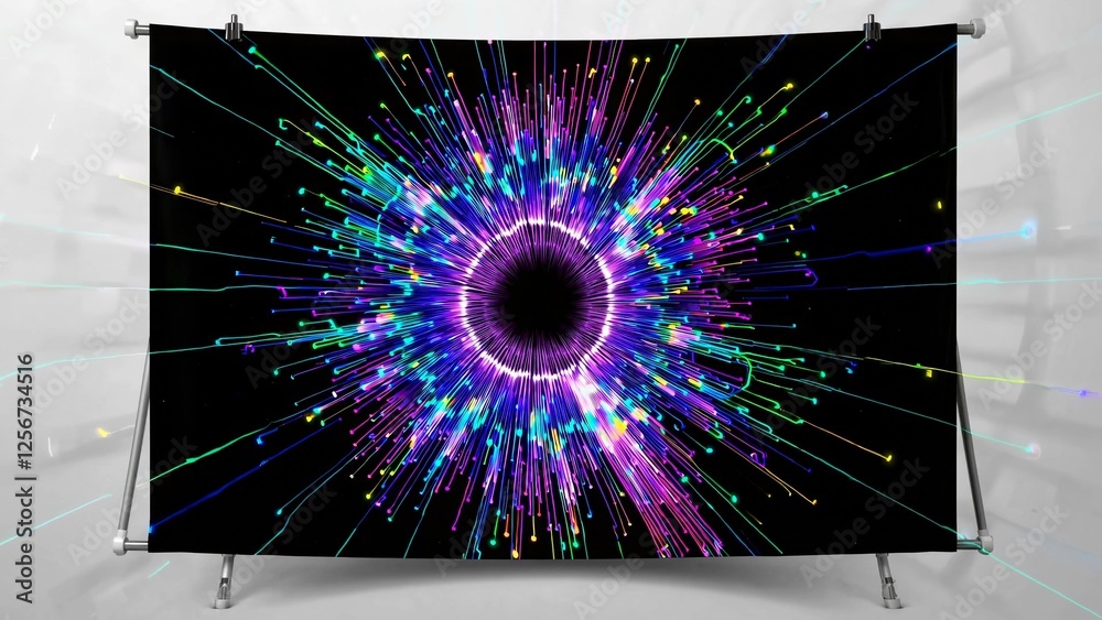 Poster colorful neon light streaks exploding from a circular shape on a black background creating a vibrant