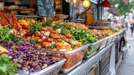 Fototapeta premium Street food display of mixed salads and seafood