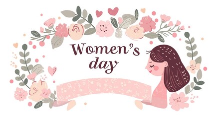 Elegant Woman in Pink Attire Celebrating Women's Day with Floral and Pastel Elements, Featuring Gentle Smile and Delicate Makeup