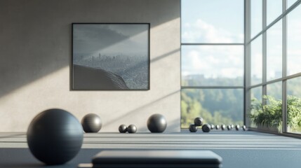 Modern gym studio with city view, yoga balls, and sunlight