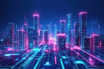 Fototapeta premium Futuristic Cityscape with Neon Lights and Digital Technology Effects