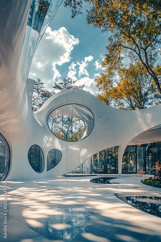 Aufkleber modern organic shaped building with round windows reflecting sunlight on a sunny day with blue sky a