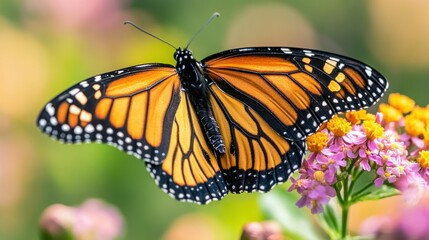 Naklejka premium Monarch butterfly on flower, garden background, nature
