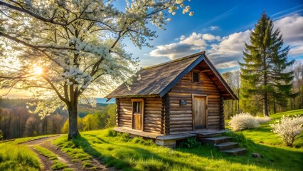 Obraz premium Wooden Cabin in Spring Landscape