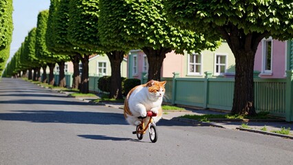 Overweight ginger and white cat joyfully riding a small bicycle along a suburban street, surrounded by colorful houses and neatly pruned trees on a bright, sunny day