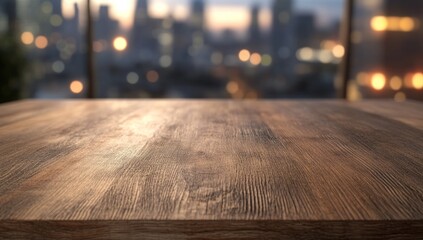 Wooden Tabletop with City Lights Blurred Background