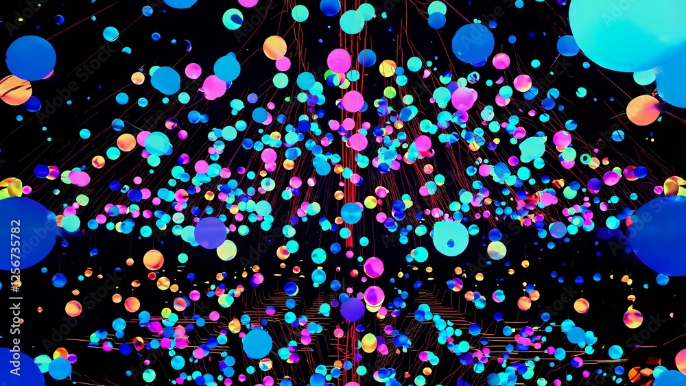 Poster many colorful spheres of different sizes are floating and moving in an abstract digital space with t