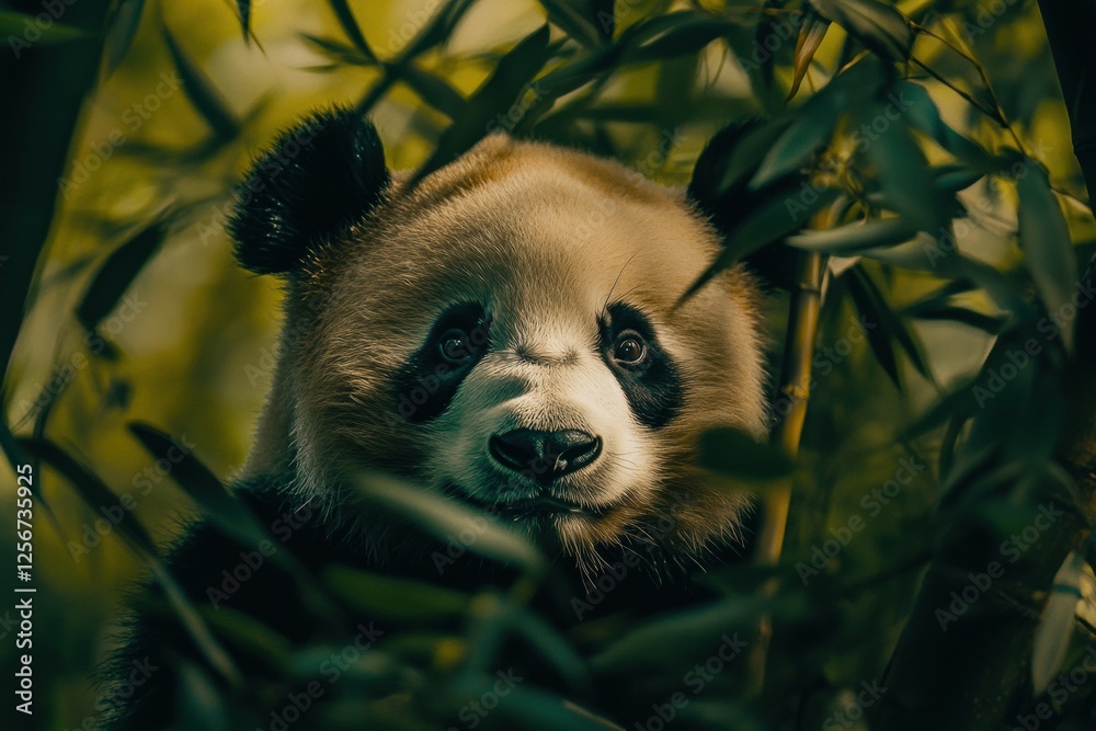 Aufkleber panda portrait surrounded by lush bamboo forest creating a serene and natural habitat. generative ai