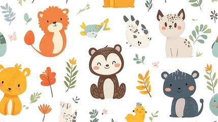 Adorable cartoon animals and floral elements seamless pattern.