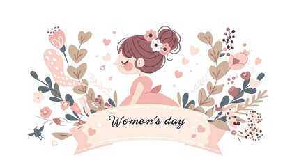 Elegant Woman in Pink Attire Celebrating Women's Day with Floral and Pastel Elements, Featuring Gentle Smile and Delicate Makeup
