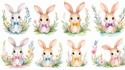 Watercolor seamless pattern of cute bunnies with bows in a pastel floral arrangement. A delicate and artistic spring design.