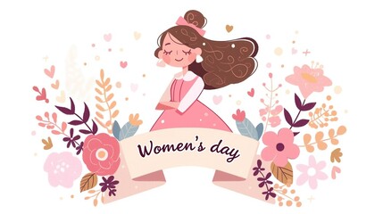 Elegant Woman in Pink Attire Celebrating Women's Day with Floral and Pastel Elements, Featuring Gentle Smile and Delicate Makeup
