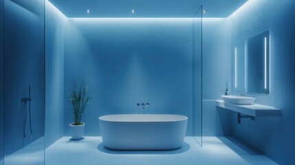 Modern Bathroom Interior with Blue Lighting and Minimalist Design