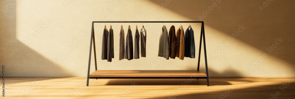 Poster minimalist clothing rack showcasing neatly arranged garments in a well lit space. generative ai