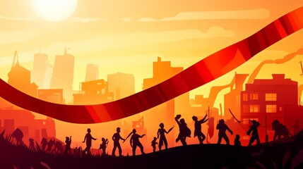 Fototapeta premium Vibrant red ribbon with golden wheat sheaves, symbolizing unity and prosperity in an industrial cityscape. 