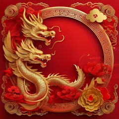 Obraz premium elegant dragon border frame with floral design with copy space for text graphic resource