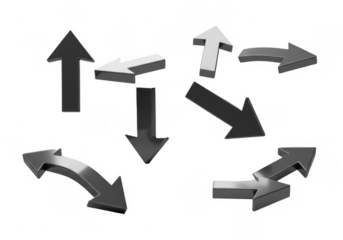 A collection of sleek metallic 3D arrows with a futuristic silver finish, designed with smooth edges and dynamic curves, isolated on a transparent background.