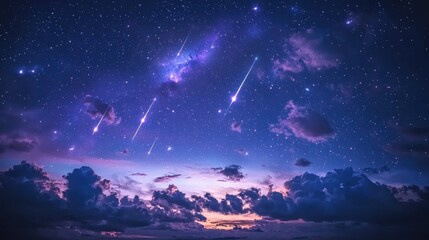 Fototapeta premium Bright blue sky with a single shooting meteor streaking through the atmosphere at dusk