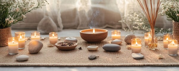 Fototapeta premium Lit candles, incense, and stones arranged on a natural mat, creating a serene atmosphere for meditation, mindfulness, and relaxation