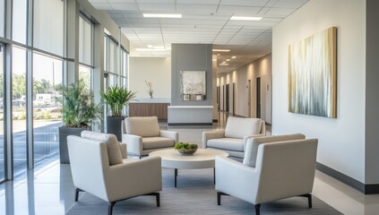Fototapeta premium Modern Office Lobby Interior Design: Serene and Sophisticated Workspace