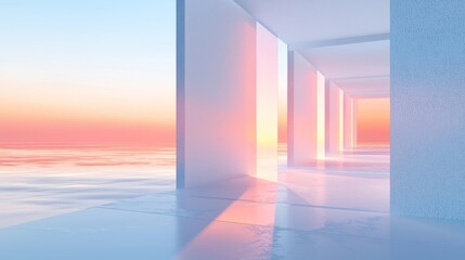 A serene architectural space featuring soft pastel hues and reflections, evoking tranquility and a sense of infinite calm.