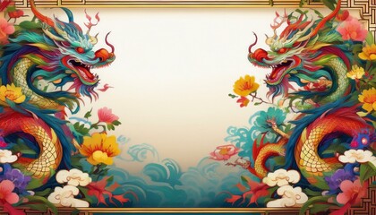 Fototapeta premium elegant dragon border frame with floral design with copy space for text graphic resource 