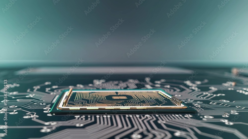 Wall mural central processing unit is being installed on a blue motherboard with copy space, representing compu