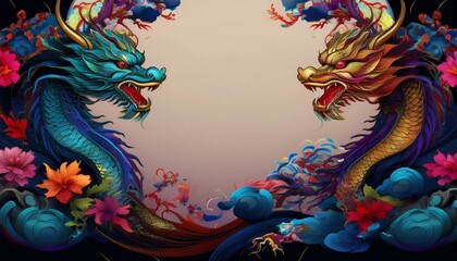 Obraz premium elegant dragon border frame with floral design with copy space for text graphic resource 