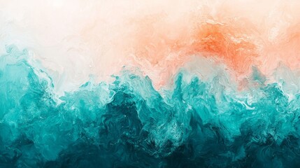 Fototapeta premium A vibrant abstract painting with swirling green and blue tones, accented by warm orange hues, evoking a sense of motion and tranquility.