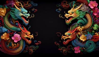 Fototapeta premium elegant dragon border frame with floral design with copy space for text graphic resource 