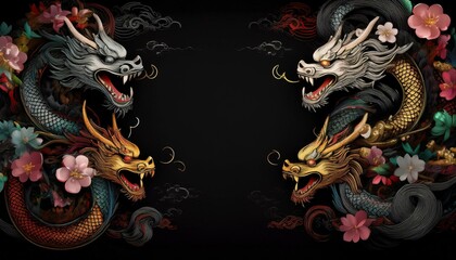 Obraz premium elegant dragon border frame with floral design with copy space for text graphic resource