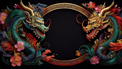 elegant dragon border frame with floral design with copy space for text graphic resource